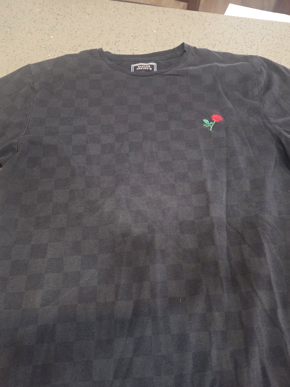 Black Short Sleeve Tee with Embroidered Red Rose